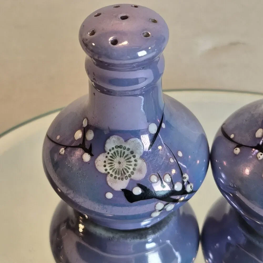 Vintage Japan Lusterware S&P Shakers - Iridescent Purple Cherry Blossom